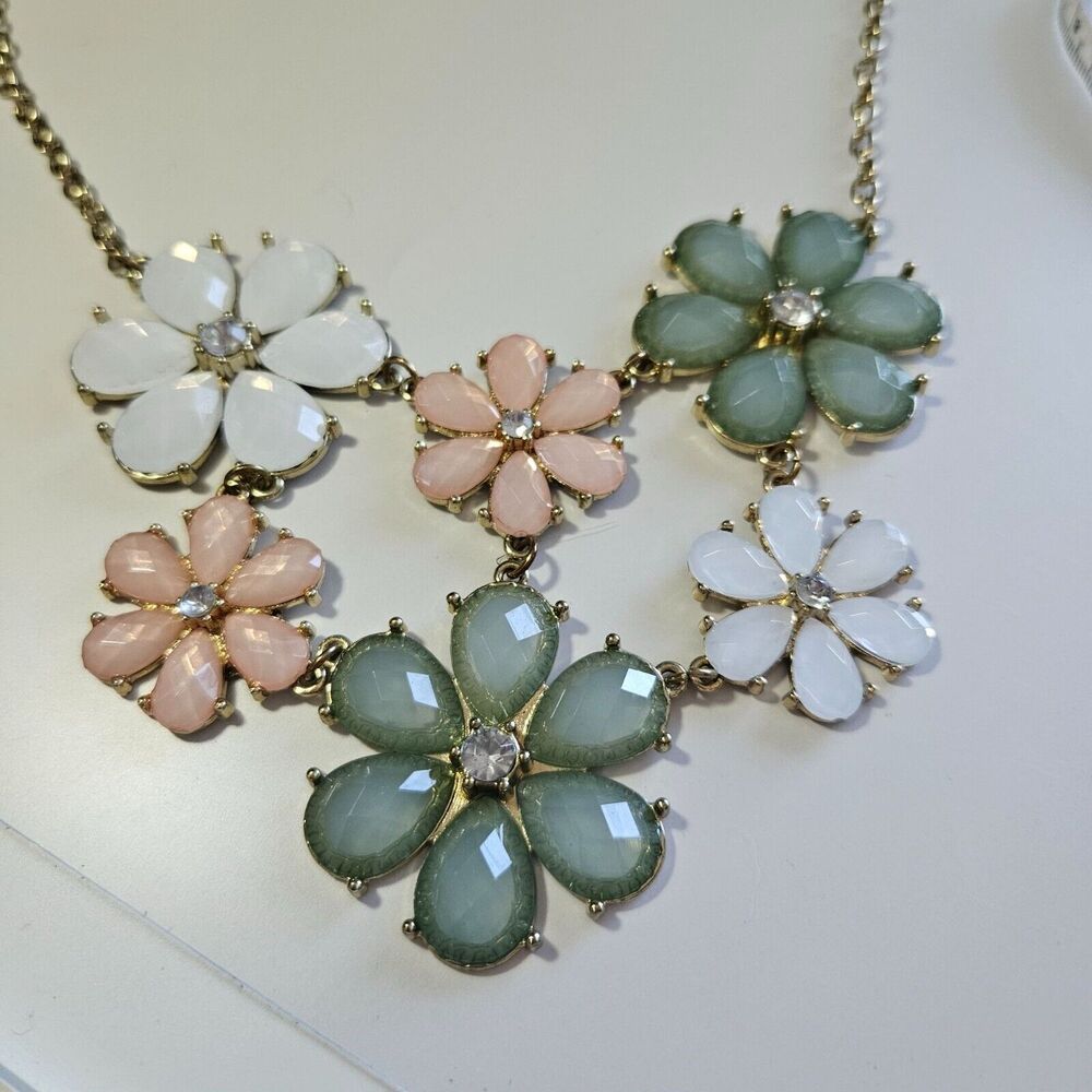Gold tone flower statement necklace 19-22" green pink white